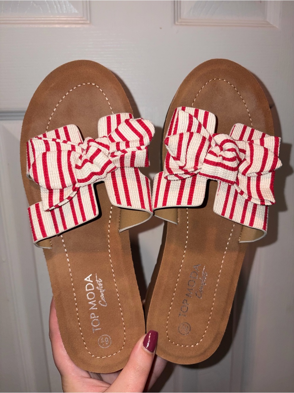 TOP Moda Red & White Striped Bow Slide Sandals